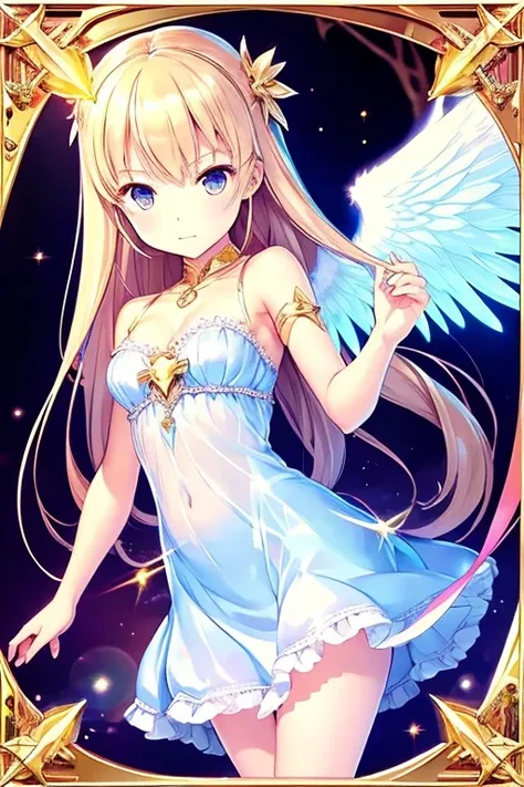 (masterpiece)、(best quality)、(Super detailed)、official art、One little girl、blonde loli、angel of light dress、No sleeve、See-through、small breasts、modest chest、cleavage、thigh focus、Card Illustration、shine