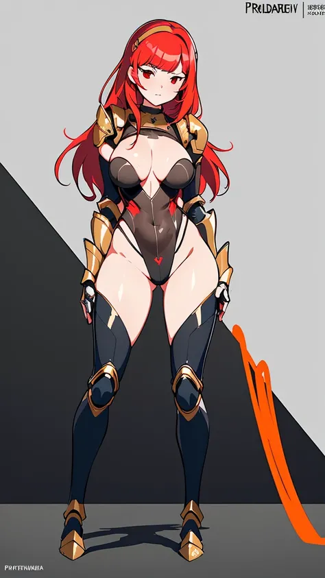 Amelia N., Highly detailed, High Quality, Masterpiece, beautiful, 1girl, prothestic leg, single mechanical arm, prosthesis, MaleniaDef, sexy mechanical armor, full body, red hair, (arms behind back:1.4), rubber mask