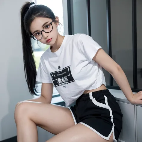 actual, masterpiece, best quality，Black-rimmed glasses，Female high school student，petite，Black single ponytail，White transparent shirt，jet black shorts，sharp looking eyes