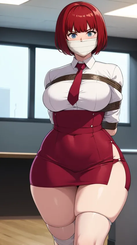 (masterpiece, best quality), 1girl, red hair, short hair, bangs, Slim, (Wide hips, Thick thighs), Scared, Slender, view the viewer, angry, bound arms, arms back behind, (Dress white shirt, pink tie,  pink pencil skirts), in office buildinasterpiece), absur...