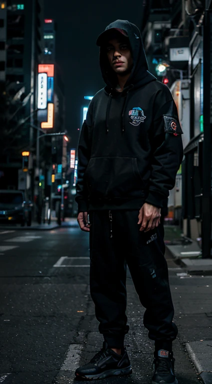 best quality, masterpiece, 1man, solo, cyber, cyberpunk, cap on, hoodies, street racing, oversize cloths, soft lighting, full body, dark theme, neon