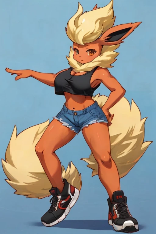 ((Flareon)), anthropomorphic, big boobs, big ass, pokemorph, (((1girl))), (((black cropped tank top))), (denim short shorts), (black sneakers), cute and sexy, red skin, long legs