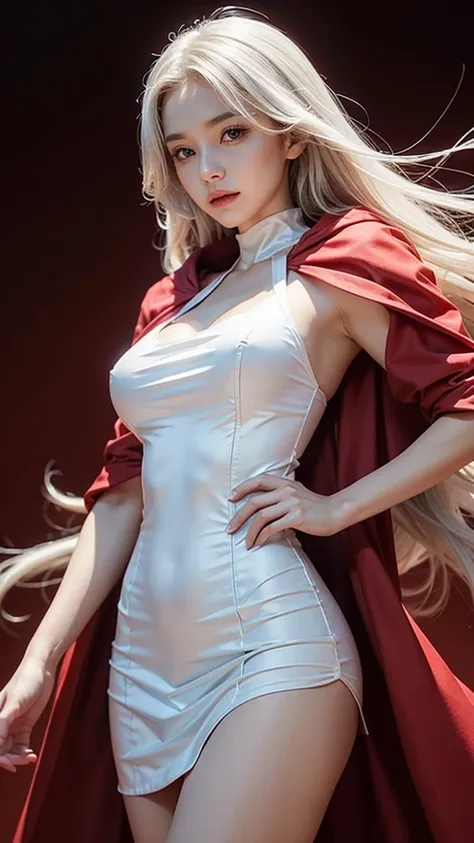 Young woman, White dress, red cloth, long hairมาก, long hair, Huge breasts, big breast, Breast augmentation, small waist, thin body, majestic, Charming Succubus, Short white dress, tight fitting, gold pattern, Red coat, Cloak of Float