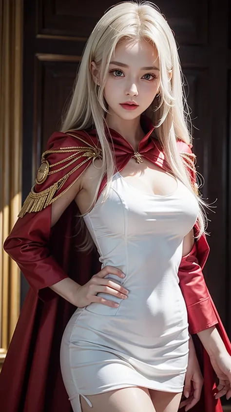 Young woman, White dress, red cloth, long hairมาก, long hair, Huge breasts, big breast, Breast augmentation, small waist, thin body, majestic, Charming Succubus, Short white dress, tight fitting, gold pattern, Red coat, Cloak of Float