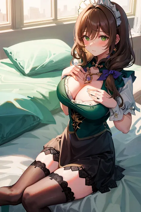 Lisa, genshin impact, 1 girl, alone, huge breasts, cleavage, hair between eyes, messy hair, large chest, long hair, looking at the viewer, brown hair, red short nails, green eyes, alone, Thighhighs, ((masterpiece)), maid dress, maidフク, maid, skirt, stockin...