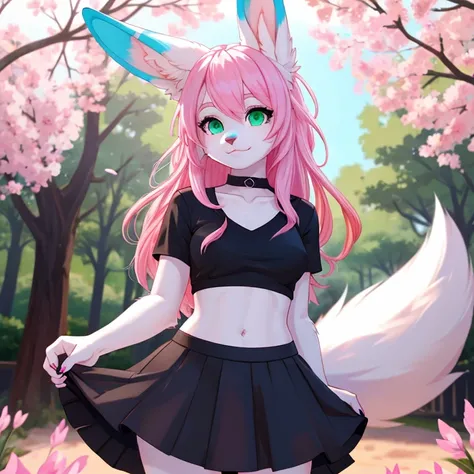 Female bunny fox hybrid with white fur, Green eyes and long Pink hairs with Blue accents she is wearing Black top with pink Blue white flag on it and Black skirt