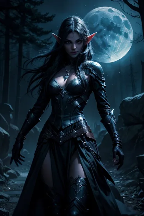 (a rogue drow elf:1.1,with black hair),dark and mysterious,elven assassin,nocturnal aura,stealthy figure,cunning smile,piercing gaze,deadly weapons,tattooed sleeves,enchanted daggers,emerald eyes,purple-black lipstick,leather armor,moonlit forest,shadowy h...