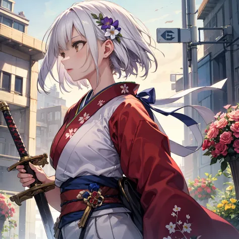 One girl, solo, bust, looking away, white hair, hair ornament, kimono, fused with flowers, future city background, holding, short hair, brown eyes, from side, upper body, (holding weapon, sword, weapon), blades, jewelry, flowers, flowers in hair, electroni...