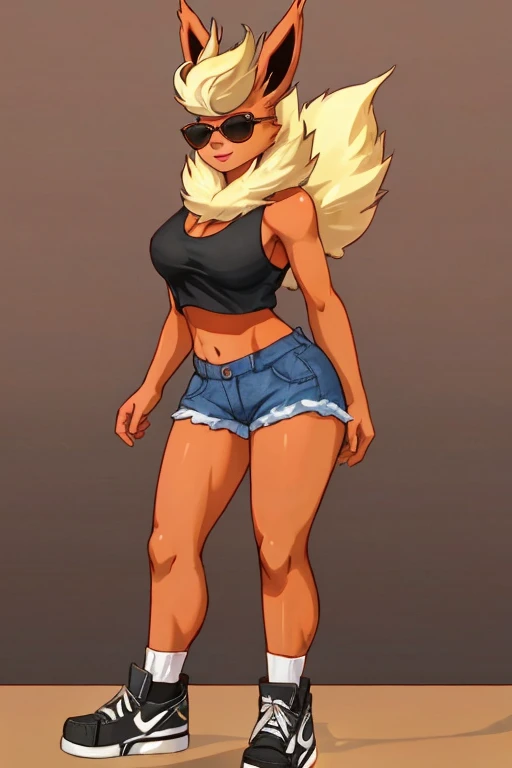 ((Flareon)), anthropomorphic, big boobs, big ass, pokemorph, (((1girl))), (((black cropped tank top))), (denim short shorts), (black sneakers), cute and sexy, slender, red skin, (sunglasses), long legs, smiling