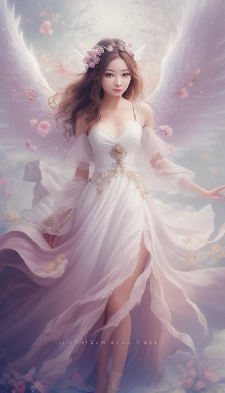 Drawing of a woman in white，Wings and flowers are displayed., Beautiful Angel, Fully majestic angel, beautiful female angel, ของyoung angelสวย, Fairy High Woman, Beautiful Angel, young angel, Portrait of a beautiful fairy, Orbs, รูปสาวBeautiful Angel, youn...