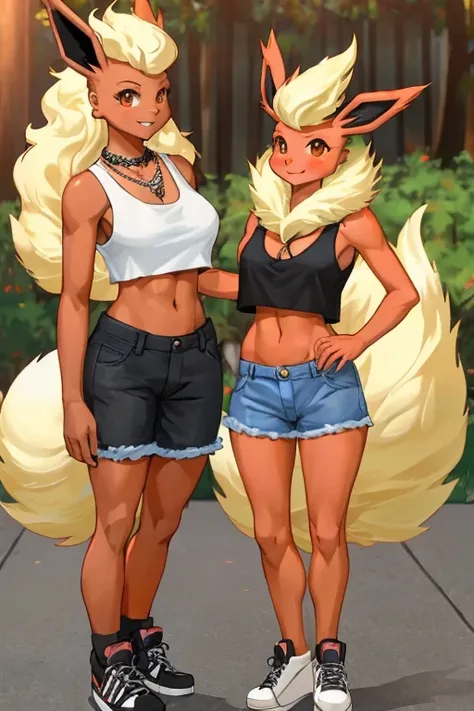 ((Flareon)), anthropomorphic, big boobs, big ass, pokemorph, (((1girl))), (((black cropped tank top))), (denim short shorts), (black sneakers), cute and sexy, slender, red skin, (necklace), long legs, smiling