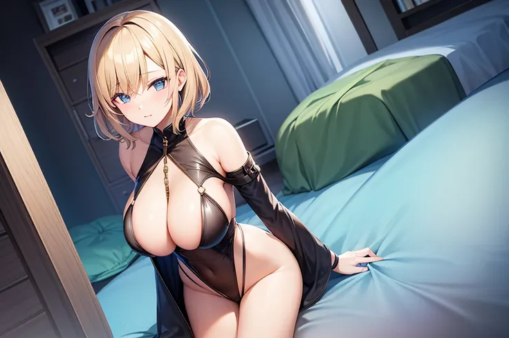 Beauty, erotic body, Cute type, anime style woman&#39;s room, night background, cute clothes, blonde, Middle, midnight, big breasts, short hair, Completely naked,  sex, 