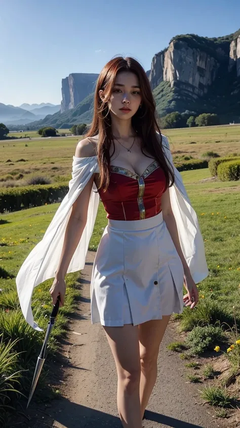 Young woman, White dress, red cloth, (red hair, long hair, long hairมาก), (Huge breasts, big breast, Breast augmentation), (small waist, thin body), (majestic, Charming Succubus), (Short white dress, tight fitting, gold pattern), (Red coat, Cloak of Float)...