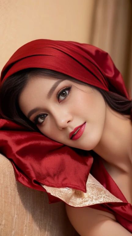 Masterpiece, realistic, best quality, best lighting, 1 pretty girl with angelic face, ((full bodyshot)), beautifully makeup, eyeshadow, Parted Lips, Detailed Eyes, beautiful big eyes, long eye lashes, smile, wearing ((Dark red satin headscarf)), loosely ti...