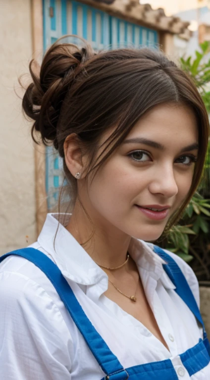 Mujer con collar en forma de alas, sonriente, cabello rizado, ojos azules, Japonesa, rubia, en la patio, rayos de sol hermosa, 20 years, Winking, aretes grandes, topknot, colitas dobles, Light brown hair, manos tocando sus labios, labios rojos carnosos