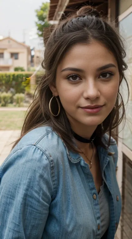 Mujer con collar en forma de alas, sonriente, cabello rizado, ojos azules, Japonesa, rubia, en la patio, rayos de sol hermosa, 20 years, Winking, aretes grandes, topknot, colitas dobles, Light brown hair, manos tocando sus labios, labios rojos carnosos