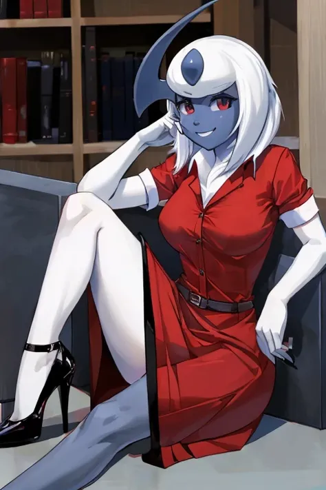 ((Absol)), anthropomorphic, big boobs, big ass, pokemorph, (((1girl))), (((red dress shirt))), (black vest), cute and sexy, (black skirt), (black low heels), slender, white skin, long legs, smiling