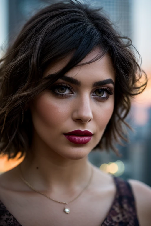 dark and gloomy, 8k, a close up photo of Italian brunette with new york city behind her, lifelike texture, dynamic composition, Fujifilm XT2, 85mm F1.2, 1/80 shutter speed, (bokeh), high contrast