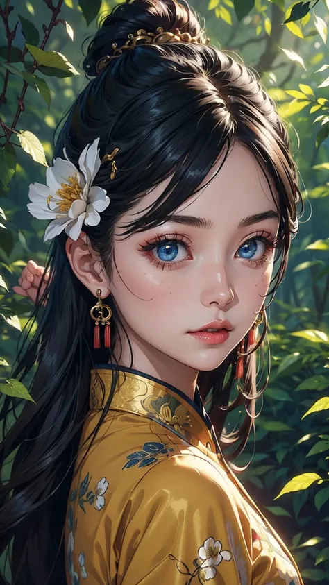 A girl wearing Chinese colour full clothes, golden lace, silver hairs, flower on hair, beautiful girl, double eyelashes, blue eyes, eyeliner, earrings, standing in forest, masterpiece quality, UHD, super detailed eyes, super detailed skin, super detailed i...