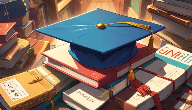 A close-up image showcasing a graduation cap placed on top of a pile of books, symbolizing the culmination of education and the acquisition of knowledge, representing the concept of lifelong learning.