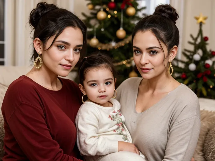 Family photo robert Pattinson and a 50 year old brunette latina woman, messy bun hair style, with her infant daughter,  thin lips, thin eyes, thin eyebrows, thin nose, earrings, in pajamas at Christmas