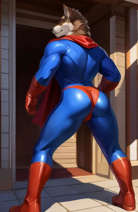 full hd, hi res, solo, male, brown fur color, wolf, muscular, blue bodysuit, superman costume, (tight), (spandex suit), (superman costume: 1.1), (solo: 1.1), (detailed), (masterpiece: 1.2), (fullbody), red speedo, red boots, red long cape, presenting his b...