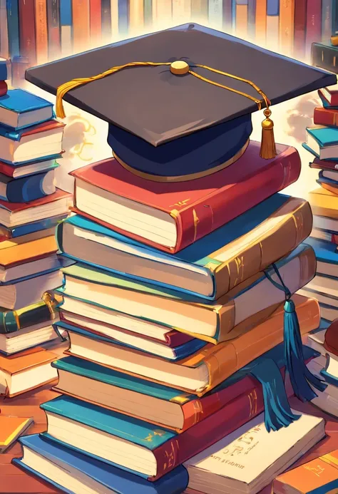 A close-up image showcasing a graduation cap placed on top of a pile of books, symbolizing the culmination of education and the acquisition of knowledge, representing the concept of lifelong learning