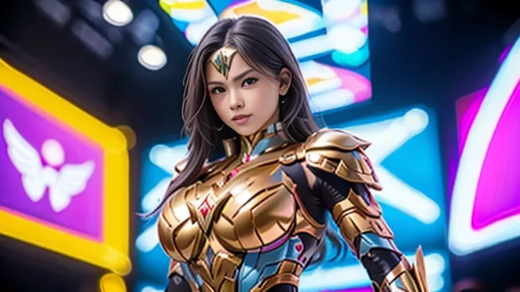 WONDER WOMAN, MEDIUM BOOBS, MECHA HEAVY ARMOR, TRANSPARANT, MUSCLE BODY, SEXY.