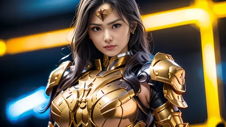 WONDER WOMAN, MEDIUM BOOBS, MECHA HEAVY ARMOR, TRANSPARANT, MUSCLE BODY, SEXY.