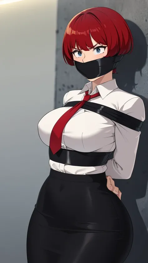 (masterpiece, best quality), 1girl, red hair, short hair, bangs, Slim, (Wide hips, Thick thighs), Scared, Slender, view the viewer, angry, bound arms, arms back behind, ( black top and white dress  , shirt,  tie,pencil skirts), in office buildinasterpiece)...