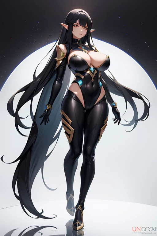 1girl, full body, standing, looking the viewer, huge breasts, massive breasts, beautiful adult woman, high elf, long hair, black hair, amber eyes, (black futuristic sci-fi bodysuit), Ultra Quality, Masterpiece,Ethereal,Ultra-Detailed,8K,