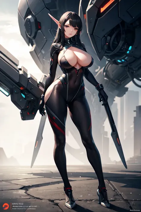 1girl, full body, standing, looking the viewer, huge breasts, massive breasts, chest covered, beautiful adult woman, high elf, long hair, black hair, amber eyes, (black futuristic sci-fi bodysuit), Ultra Quality, Masterpiece,Ethereal,Ultra-Detailed,8K,