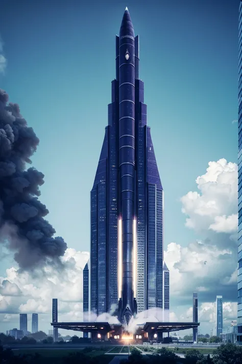 Imagine a space rocket taking off with purple, blue, green smoke, fog around, futuristic image, best quality