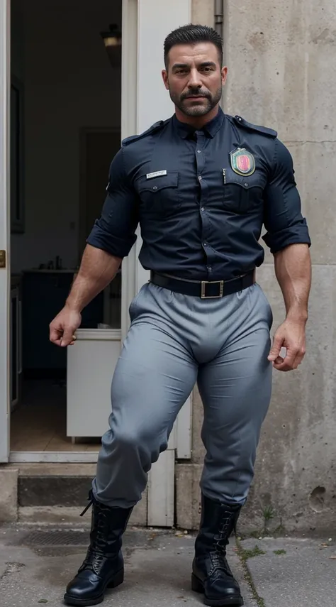 Masterpiece, highest quality, Ultra-Realistic, one man, full body shot, Italian policeman, italian, italian police uniform, rugged, muscular, big biceps, big forearms, bodybuilder body, hairy, very short hair, buzz cut hairstyle, masculine, manly, serious,...