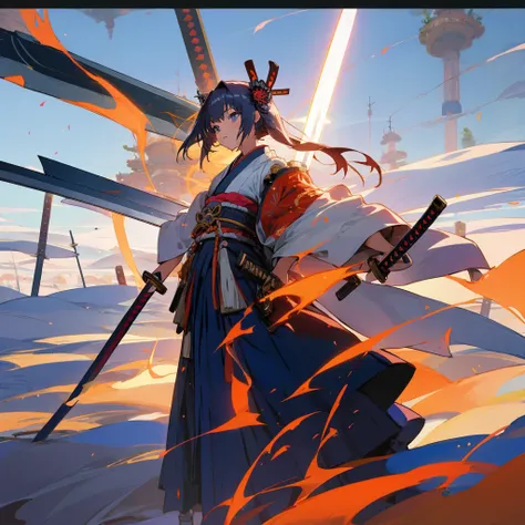 Anime girl standing in a futuristic landscape, samurai figure, kimono, hieratic visionary style, (with weapons, swords, arms), hair ornaments,