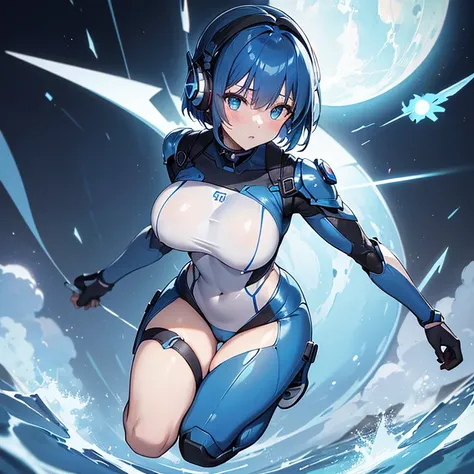 masterpiece, highest quality, highest resolution, clear_image, Detailed details): (alone, lonely girl, Japanese face, Blue-haired girl, short hair, full body figure, large size of breasts, Glowing blue colored eyes, White and blue pilot suit in metallic to...