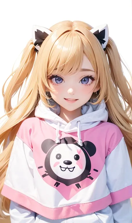 (master piece) (best quality) (8k resolution) (sharp fokus) (ultra detailed) 1girl, blonde long hair, purple shining eyes, happy smile, wear a monokuma hoodie