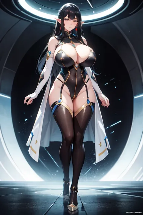 1girl, standing, looking the viewer, (((huge breasts))), massive breasts, (very large breasts:1.3), big ass, large tights, cover chest, beautiful adult woman, high elf, long hair, black hair, amber eyes, (black futuristic sci-fi bodysuit), bodystocking, Ul...