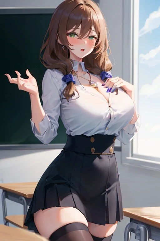 Lisa, genshin impact, 1 girl, alone, ((white shirt)), black Thighhighs, huge breasts, cleavage, uniform, office background, black skirt, pleated skirt, office, hair between eyes, messy hair, large chest, long hair, looking at the viewer, brown hair, red sh...