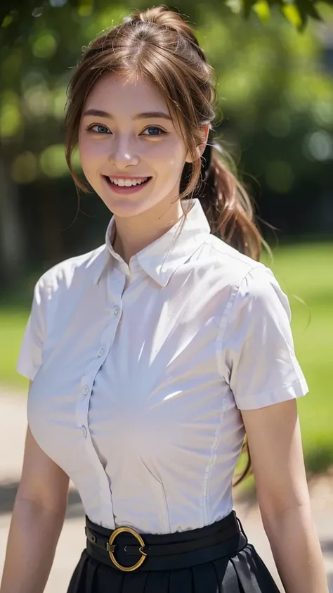 female,１2 2 years old,golden hair,blue eyes,Hair pins,   (look at viewer)),(Big smile:1.3), (blurred background),(Theres no one behind it.:1.3), clear eyes, walking place, (Pale skin), (Big eyes), Facing Forward, (brown hair), (Take the whole body), , ((Bl...