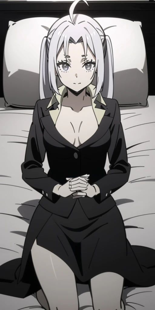 full body sleeping on bed inside bedframe, barefoot, olya, 1girl, solo, long hair, looking at viewer, twintails, monochrome, upper body, ahoge, greyscale, low twintails, twin drills, bed, lies on the bed
