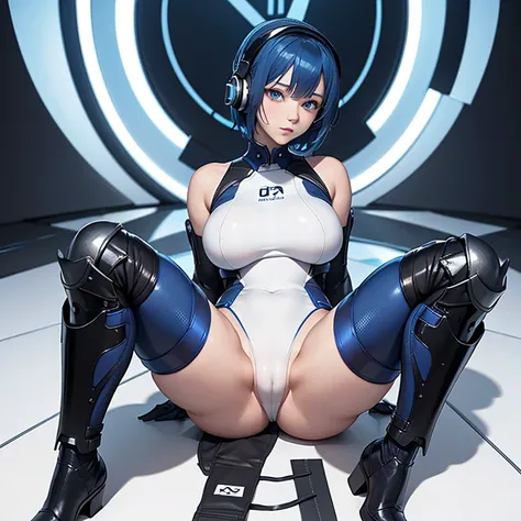 masterpiece, highest quality, highest resolution, clear_image, Detailed details): (alone, lonely girl, Japanese face, Blue-haired girl, short hair, full body figure, large size of breasts, Glowing blue colored eyes, White and blue pilot suit in metallic to...