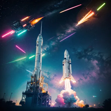 abstract watercolor space rocket taking off, colorfull, neon lights, best quality, dynamic perspective, hype feeling