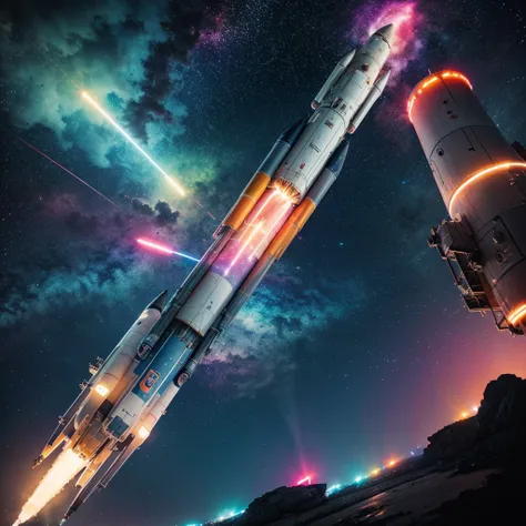 abstract watercolor space rocket taking off, colorfull, neon lights, best quality, dynamic perspective, hype feeling