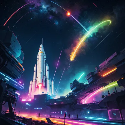 abstract watercolor picture of 1 space rocket taking off, colorfull, neon lights, best quality, dynamic perspective, hype feeling