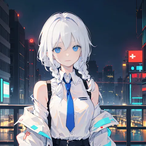 1woman, 25 years old, solo, petite,(night_sky), (very_long_white_hair), braids, (blue_eyes), medium_breasts, (white_shirt:1.5), (windbreaker), (off_shoulder:1.2), (portrait), glowing_eyes, background_light, (cityscape:1.5), (neon_lights:1.2), (science), cy...