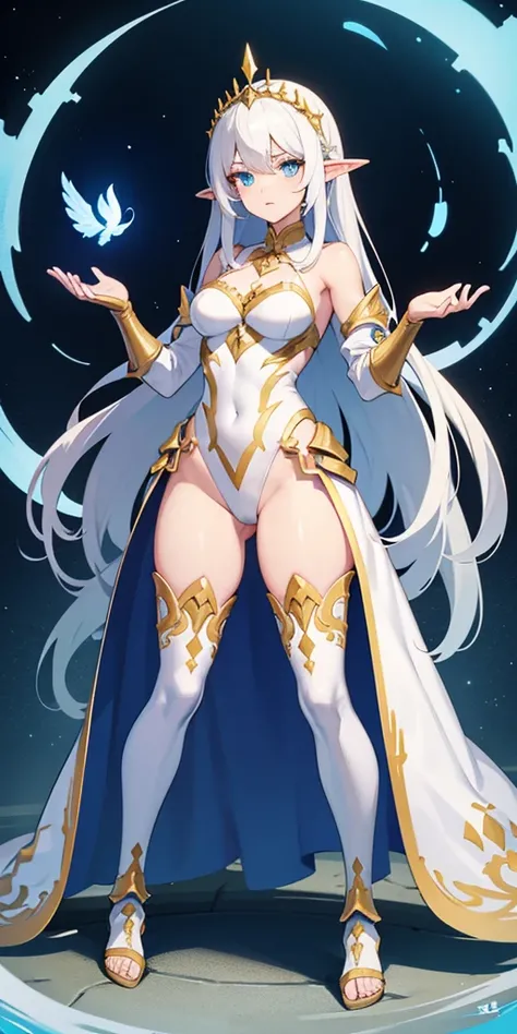 stunningly elf female, muscular sensual body, deep white hair, pale chaik white skin, blue eyes, golden metal sandals, black shackles on legs and arms, white leotard, green cloak, (standing full body looking to the camera), hands behind body, golden enchai...