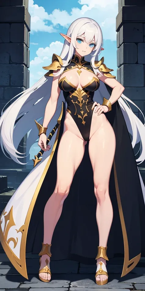 stunningly elf female, muscular sensual body, deep white hair, pale chaik white skin, blue eyes, golden metal sandals, black shackles on legs and arms, white leotard, green cloak, (standing full body looking to the camera), hands behind body, golden enchai...