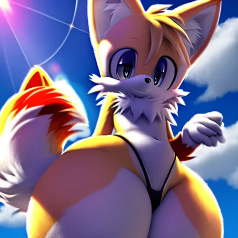 high quality, digital art, drawing HD 4k, lens flare, looking at viewer, animal focus, furry, cute, kawaii, lovely, fur, fur head, narrow waist, femboy, wide hips, massive thighs, massive ass, thong, staring lovingly, Tails the fox