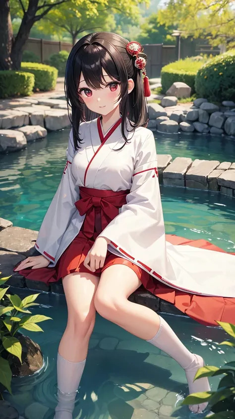 masterpiece、8K、Super detailed、kawaii miko girl,black hair,japanese white clothes,red hakama,anime eyes,in a Japanese garden,full body shot、game concept art,ビデオゲームのキャラクターデザイン、